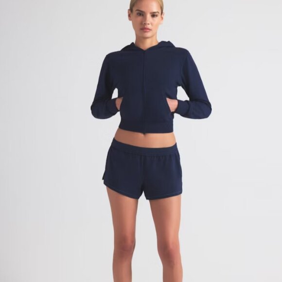 SKIMS Cotton Jersey Zip Up Slim Hoodie Womens Small Navy Blue Cropped Sweatshirt - Picture 2 of 10